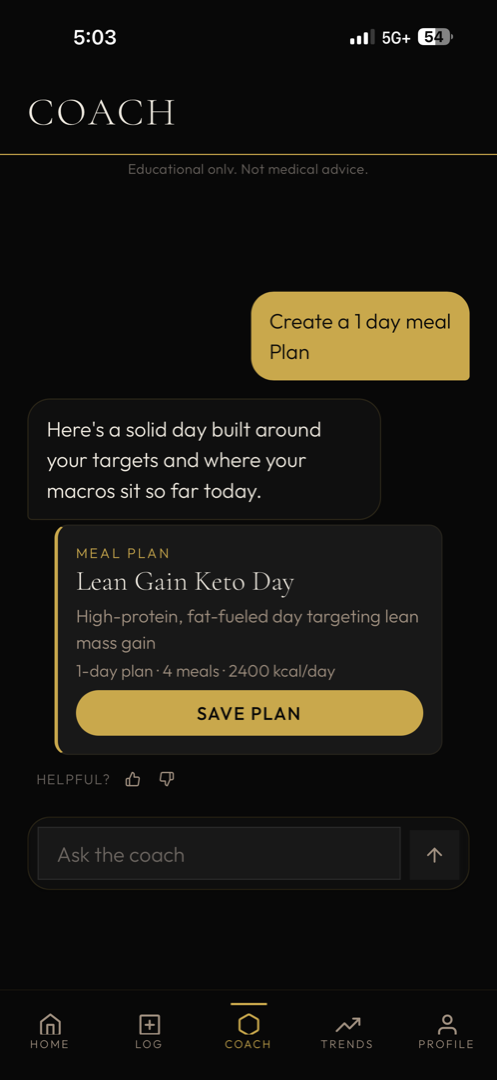 KetoNoir coach chat building a one-day keto meal plan, with a Save plan button